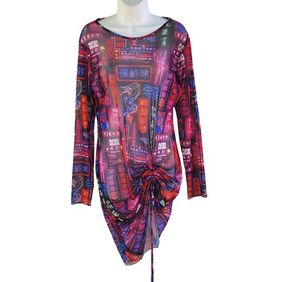 Missguided Hong Kong Scenic Nightlife Mesh Bodycon Dress 10 Gathered Tie Hem - Picture 1 of 9